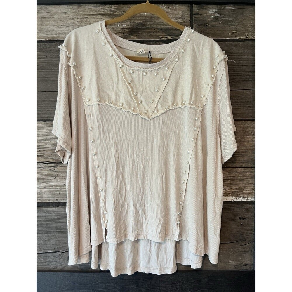 POL Pearl Embellished Cream Short Sleeve Top Oversized Size Large Western Hippie